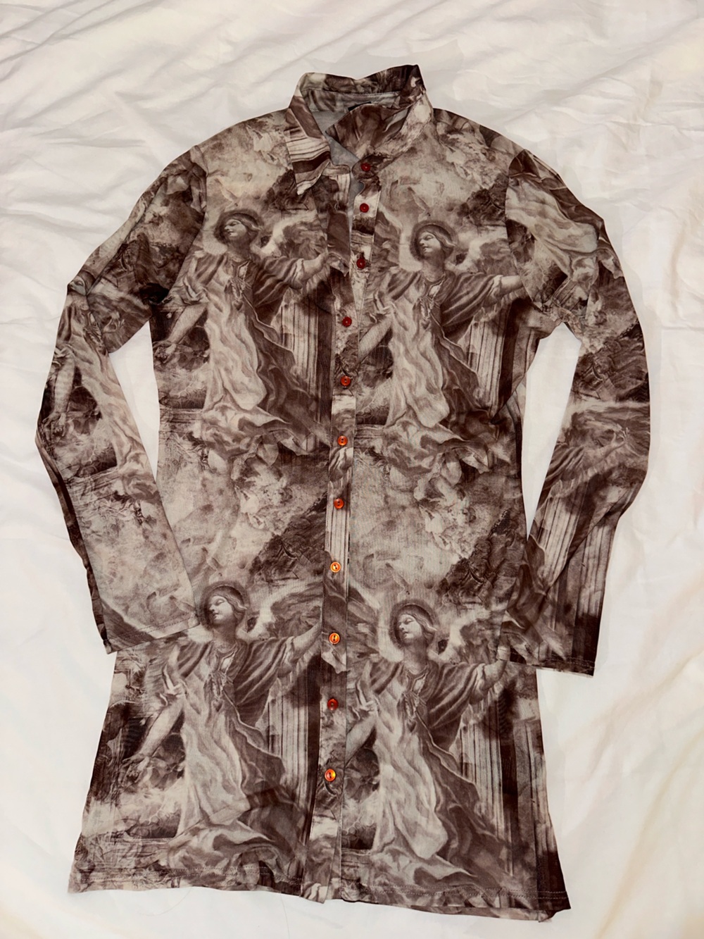 Urban Outfitters - Brown Iconography / Saint Graphic Mesh Button Dress Shirt - M